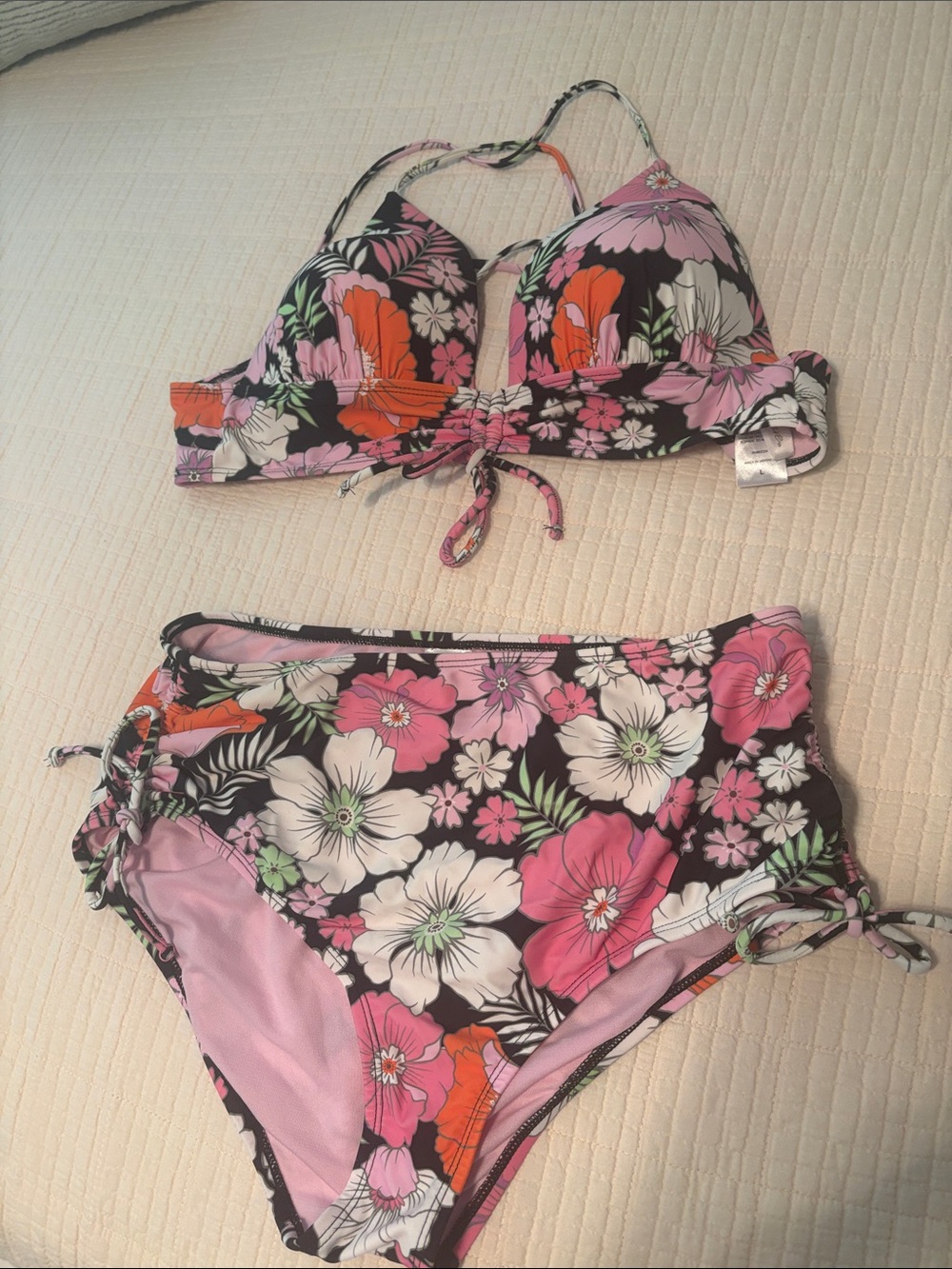 Floral Two-Piece Bikini Set in Pink, White, Black & Orange
Like new